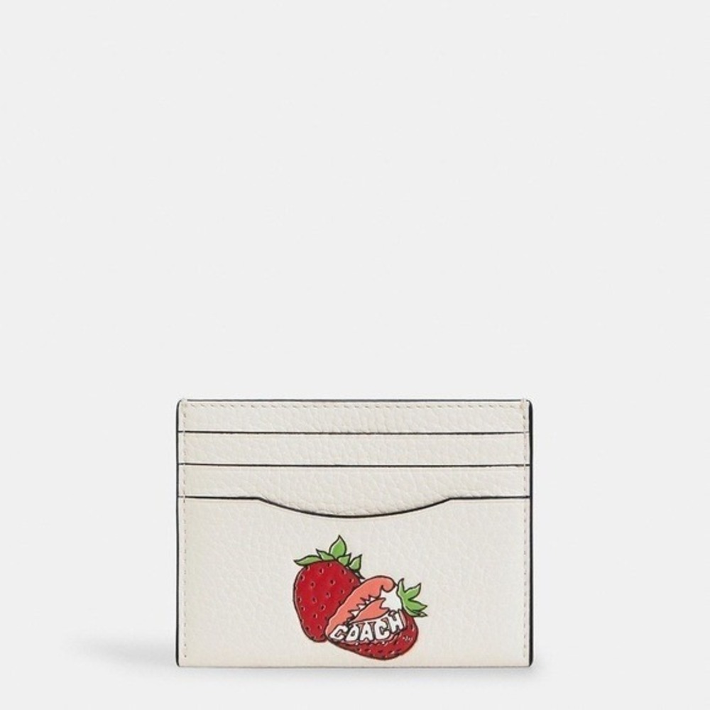 Coach Slim ID Card Case Strawberry Chalk Multi Pebble Leather CAR33 NEW‎